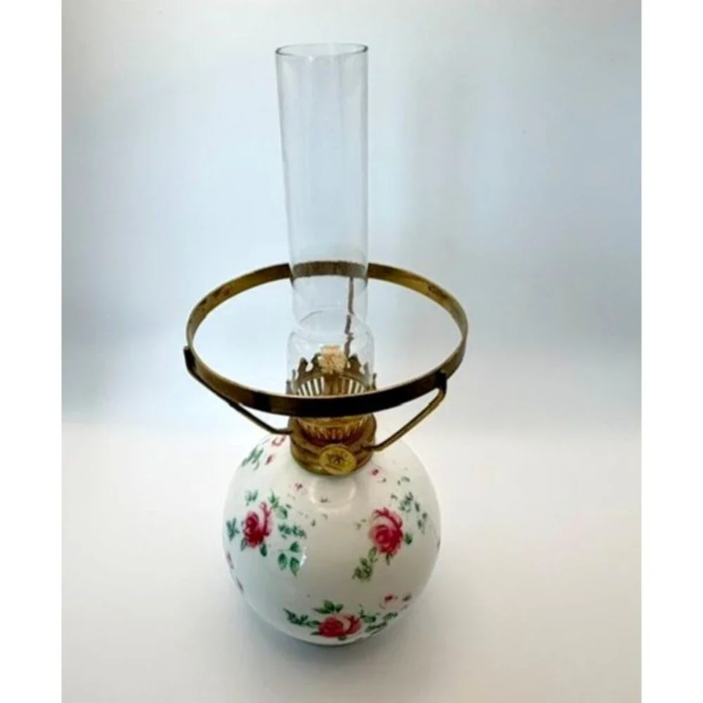 Antique Miniature GWTW Oil Lamp Base White Milk Glass Pink Roses 5 inch Japan